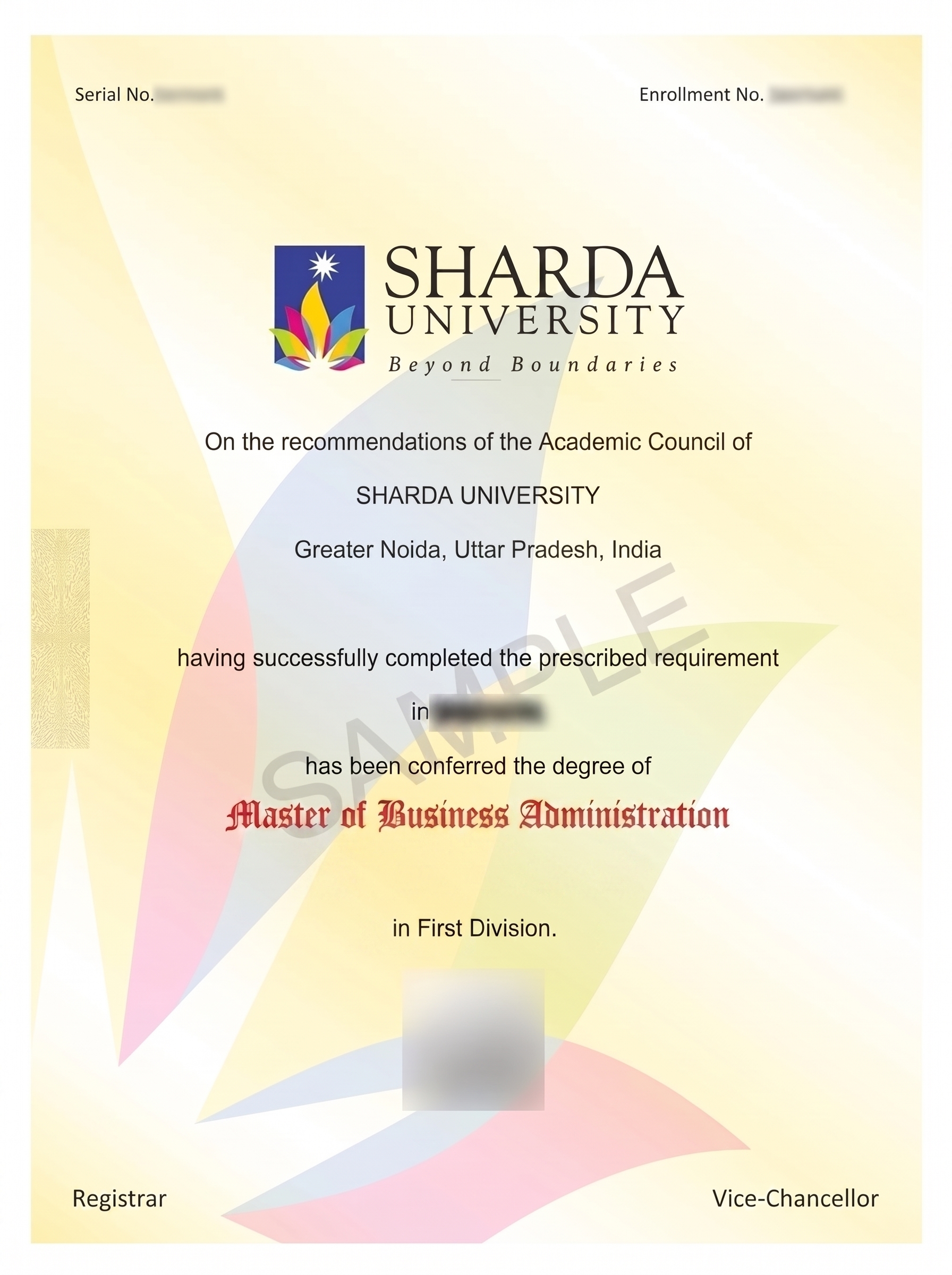 Sample Sharda University degree certificate