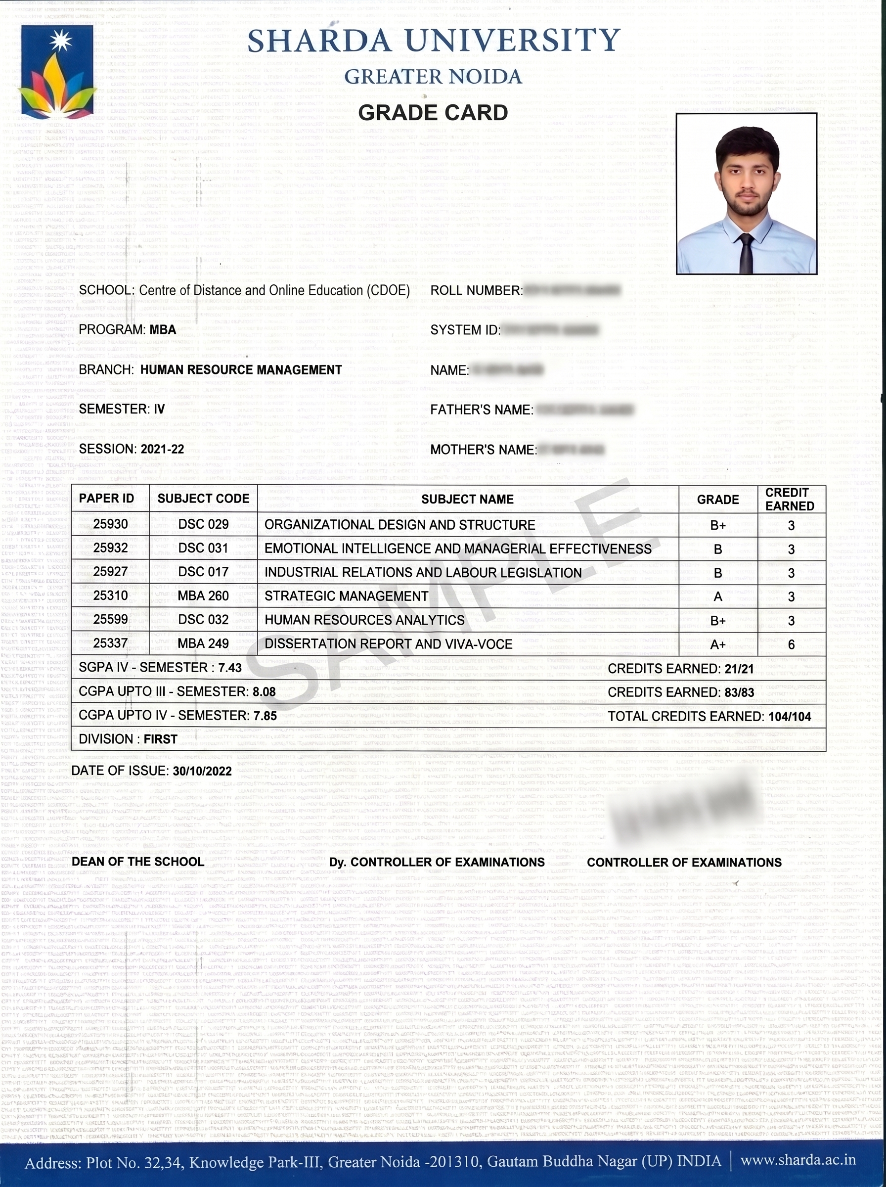 Sample Sharda University grade card